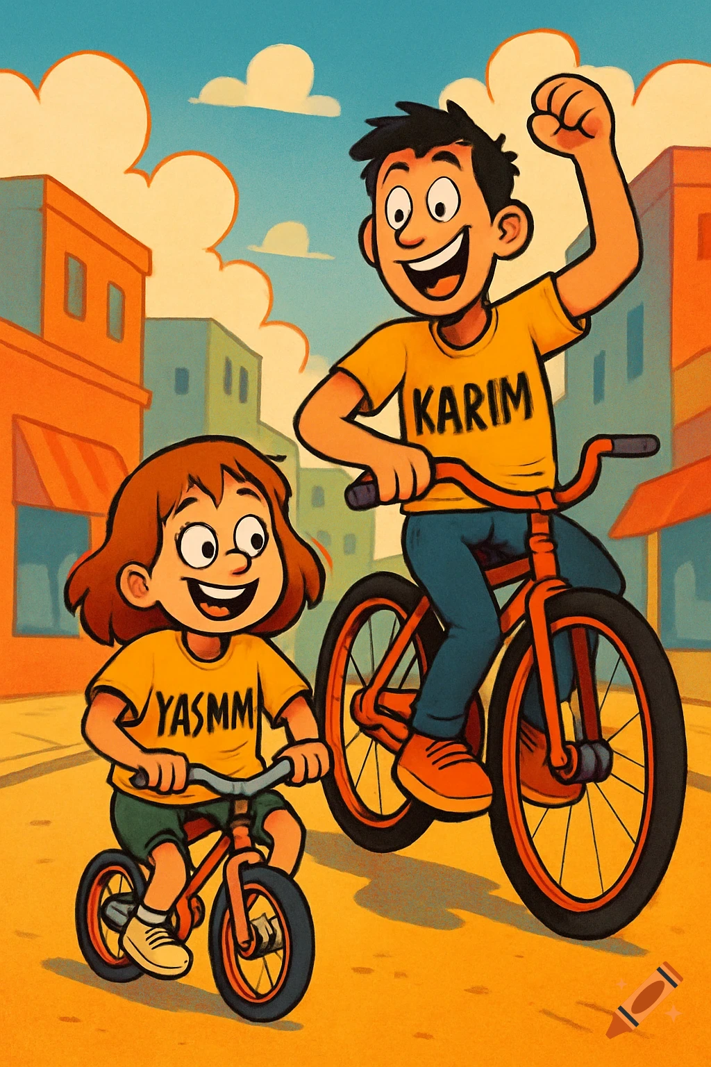 Cartoon image of a boy and girl riding bikes on a city street. The boy, named Karim, celebrates while the girl, Yasmm, smiles.