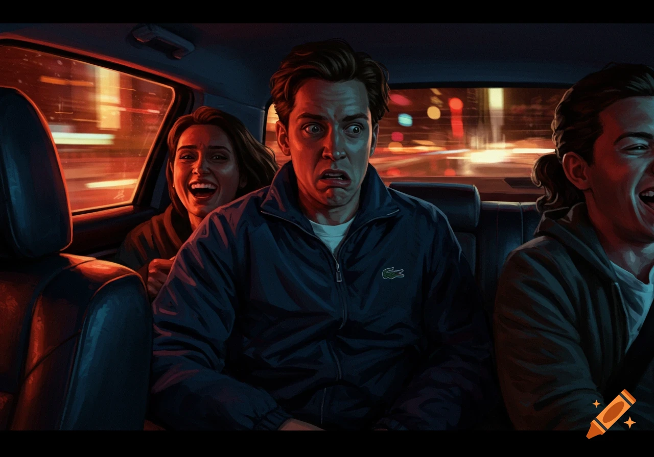 A man in a blue Lacoste jacket looks terrified while crammed between two laughing friends in the back of a car at night.