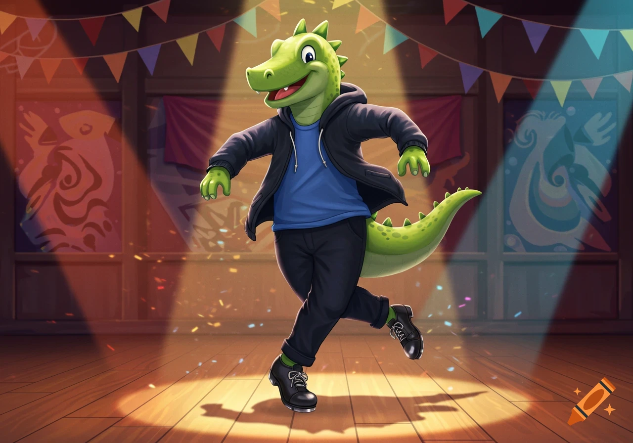 A friendly green cartoon dinosaur tap dancing on a stage under spotlights, wearing a black hoodie and black tap shoes.