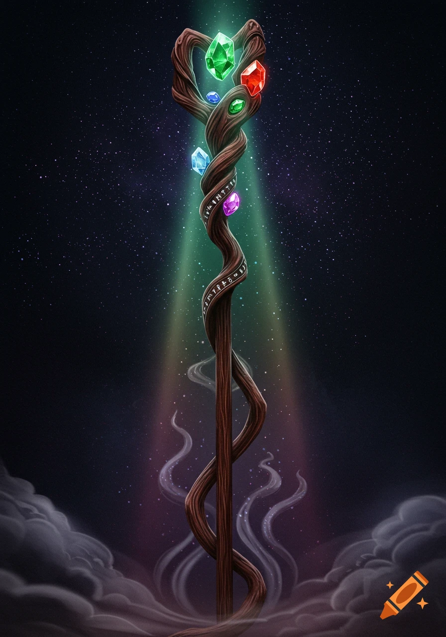 A mystical wooden staff with a gnarled, heart-shaped top, adorned with glowing green, red, blue, and purple gems. Runes spiral around the staff, which emits a green light against a starry night sky with soft clouds at its base.