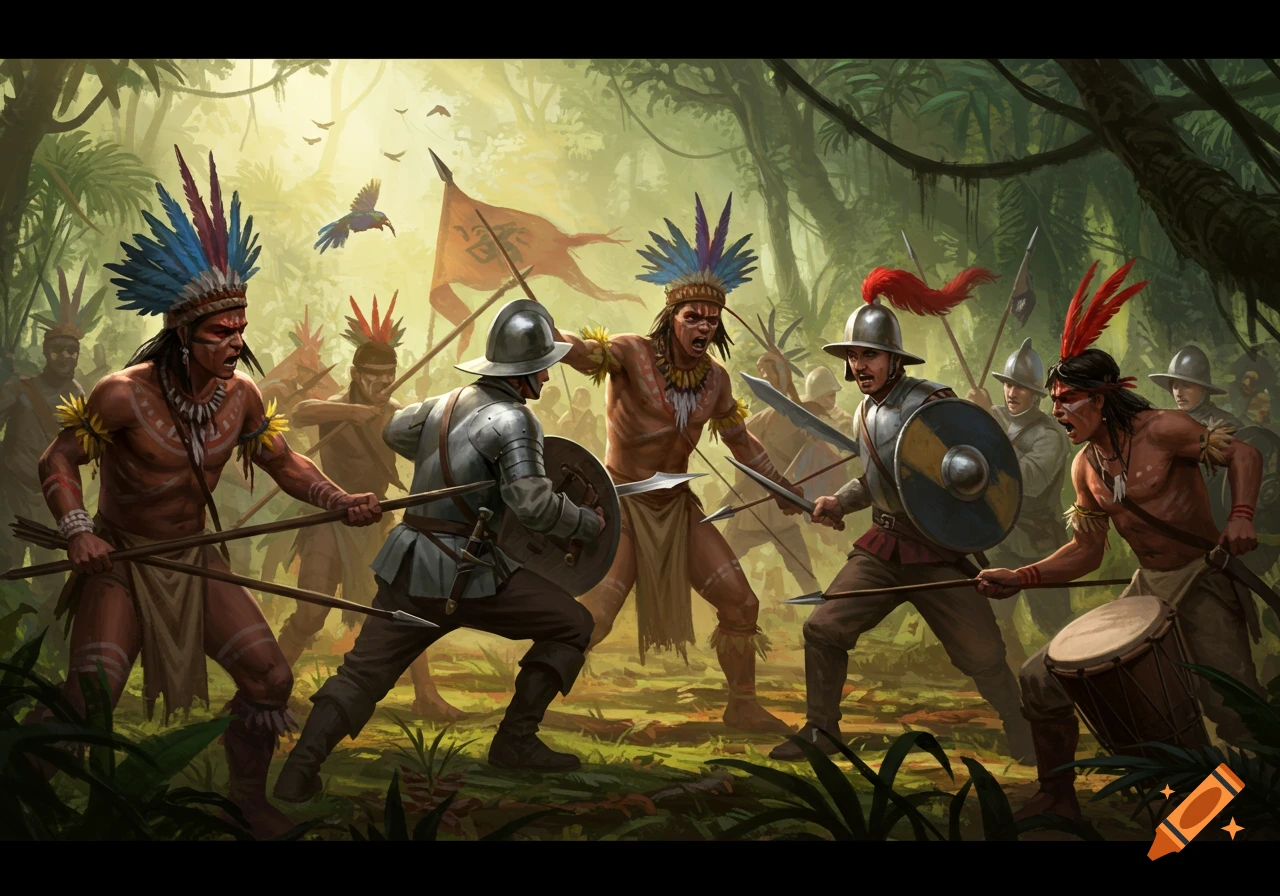 Indigenous warriors and European explorers clash in a fierce battle in a lush jungle, digital painting.