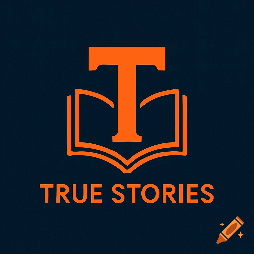 Minimalist orange letter 'T' and open book icon above 'TRUE STORIES' text on a dark blue background.