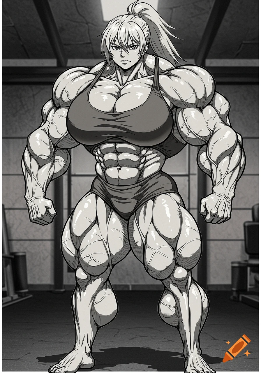 A grayscale anime-style illustration of a heavily muscled woman in a sports bra and shorts, posing in a gym.