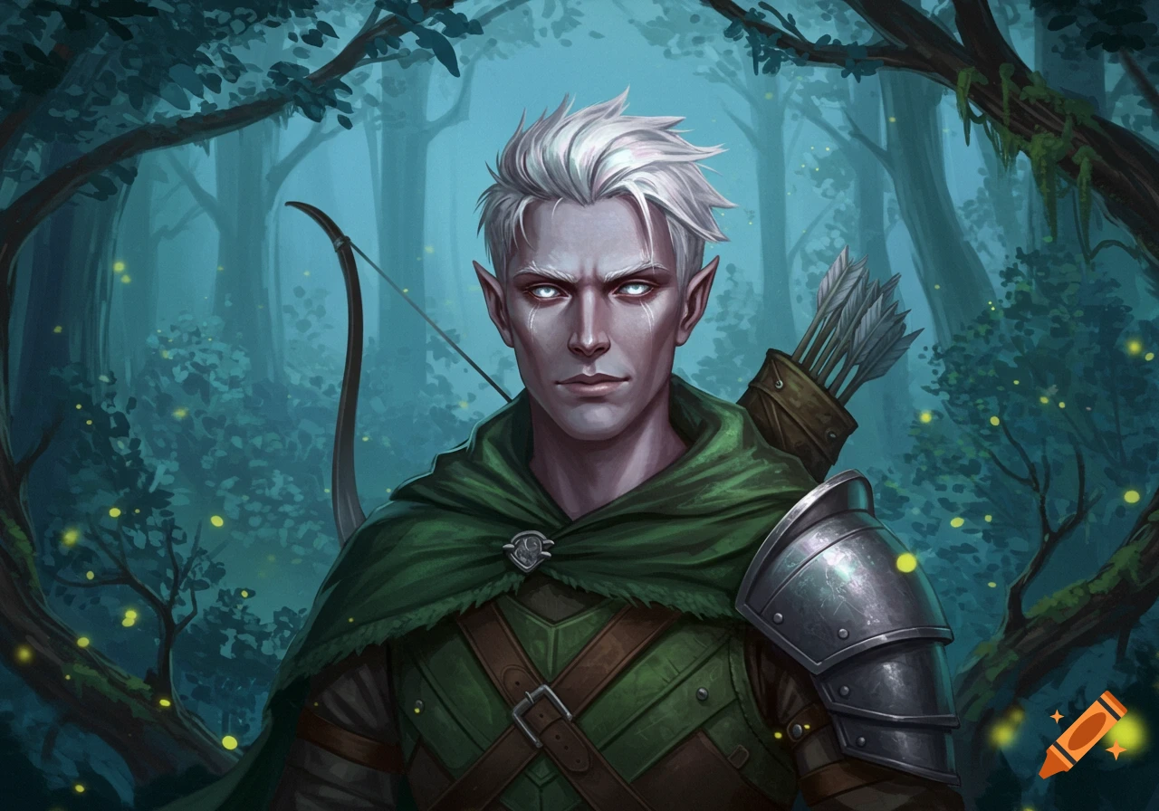 A white-haired elf ranger with silver eyes and a green cloak stands in a magical forest with a bow and quiver.