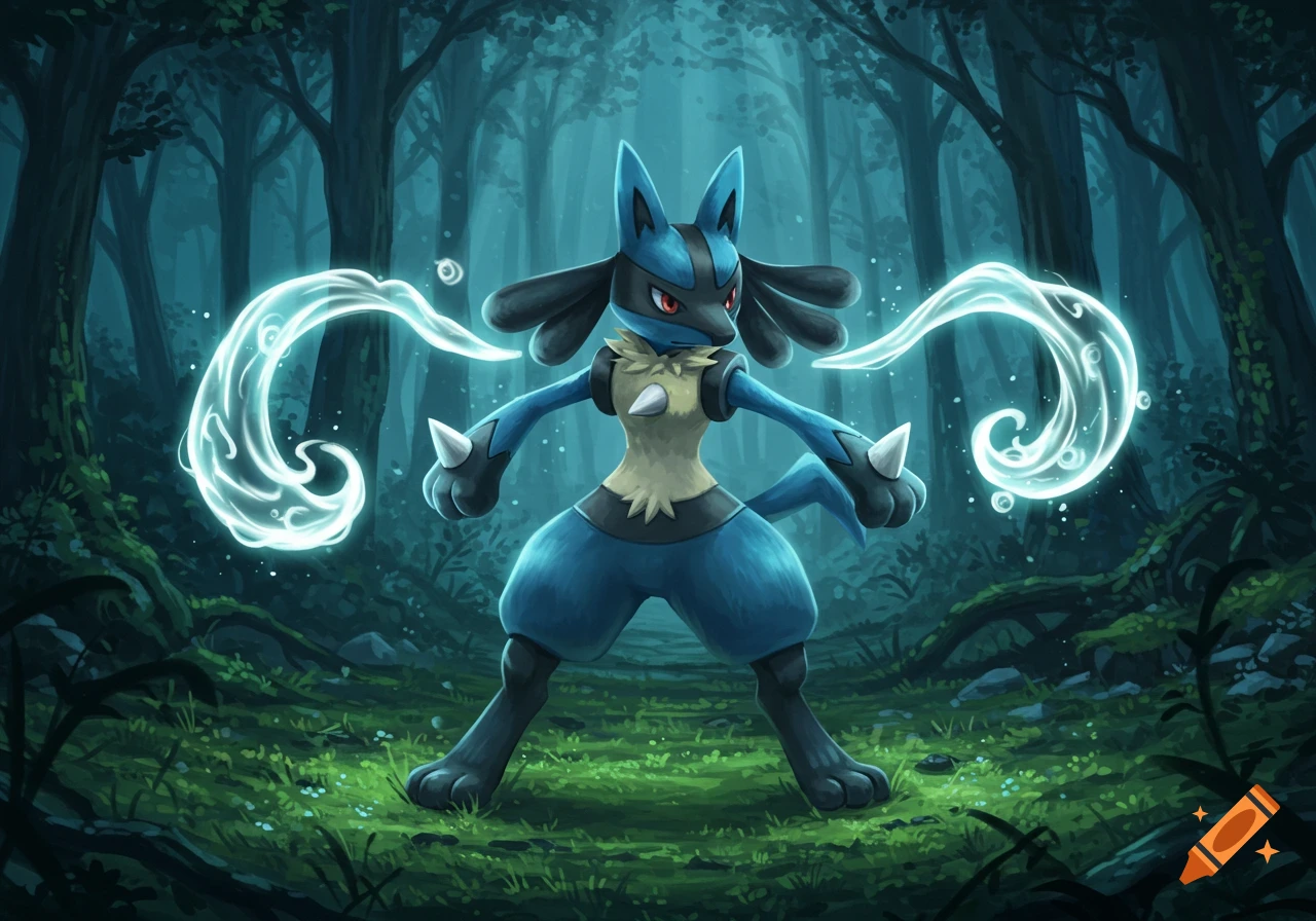 Lucario, a blue and black bipedal pokemon, stands powerfully in a mystical forest, emitting glowing light from its hands.