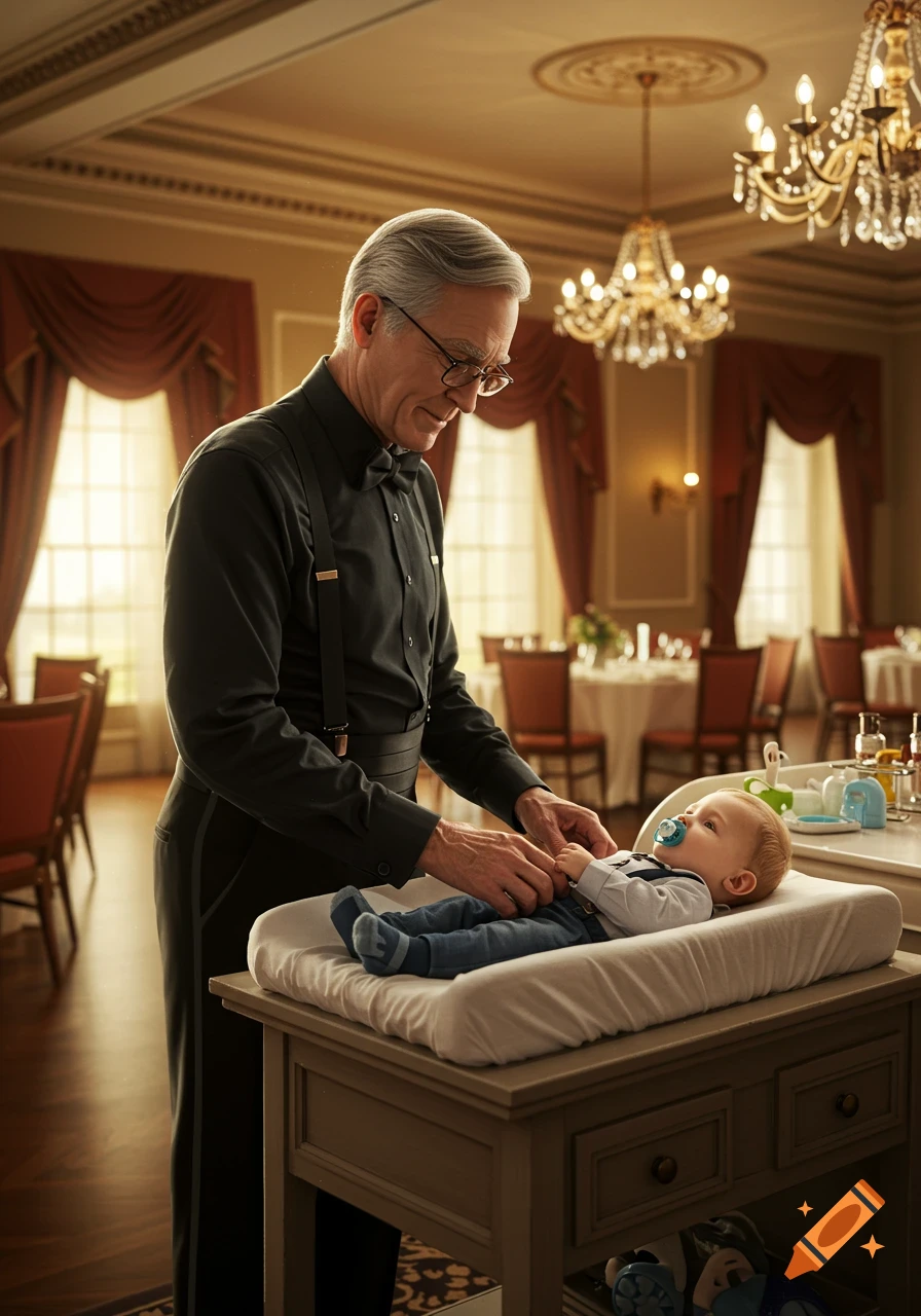 A senior man in a formal uniform with glasses changes a baby's diaper on a changing table in an elegant banquet hall.