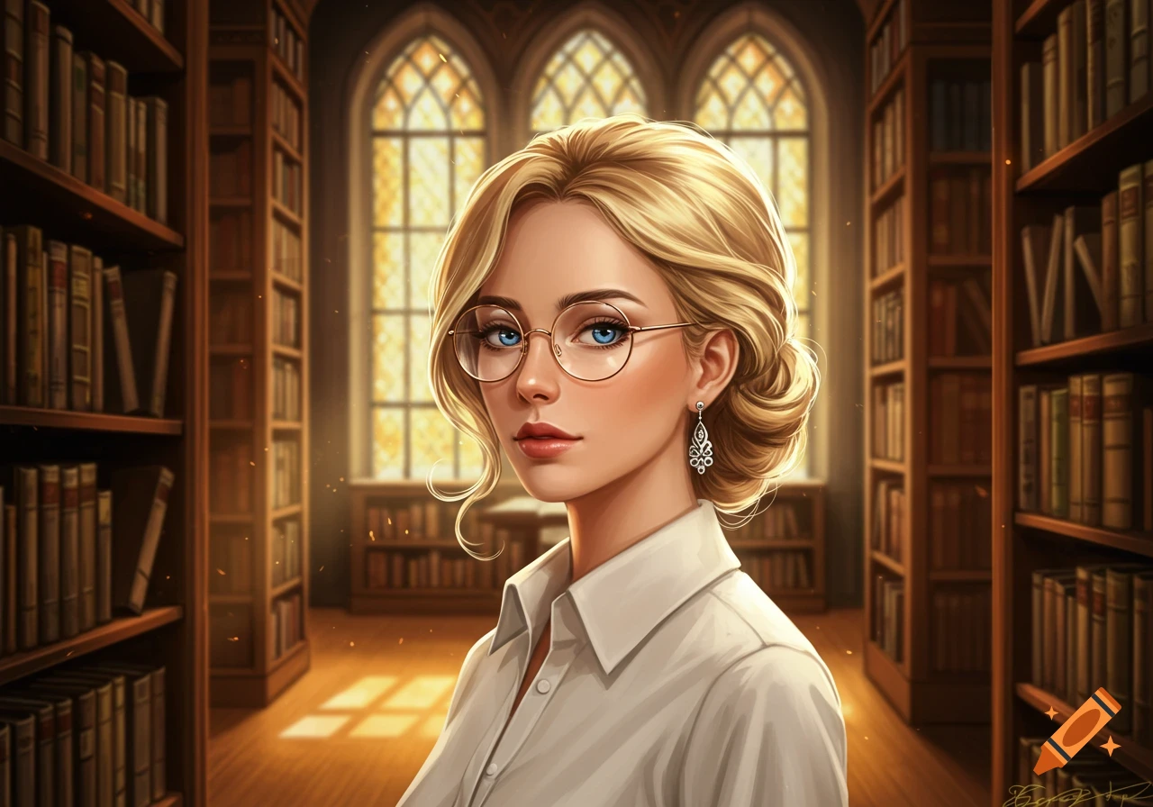 A blonde woman with blue eyes, glasses, and earrings in a collared shirt stands in a sunlit library with bookshelves.