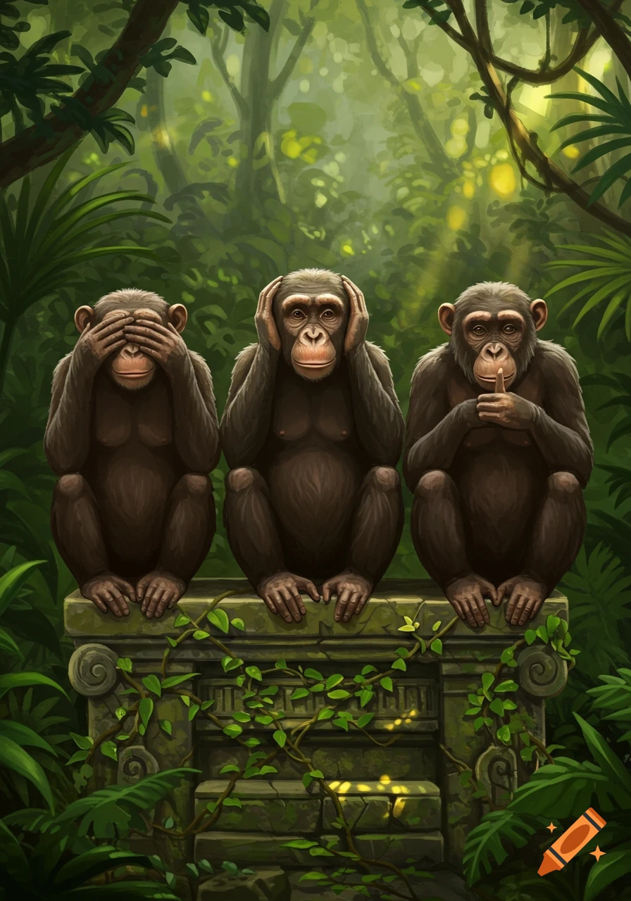Three cartoonish chimpanzees in a lush jungle, sitting on a mossy stone, illustrating 'see no evil, hear no evil, speak no evil'.