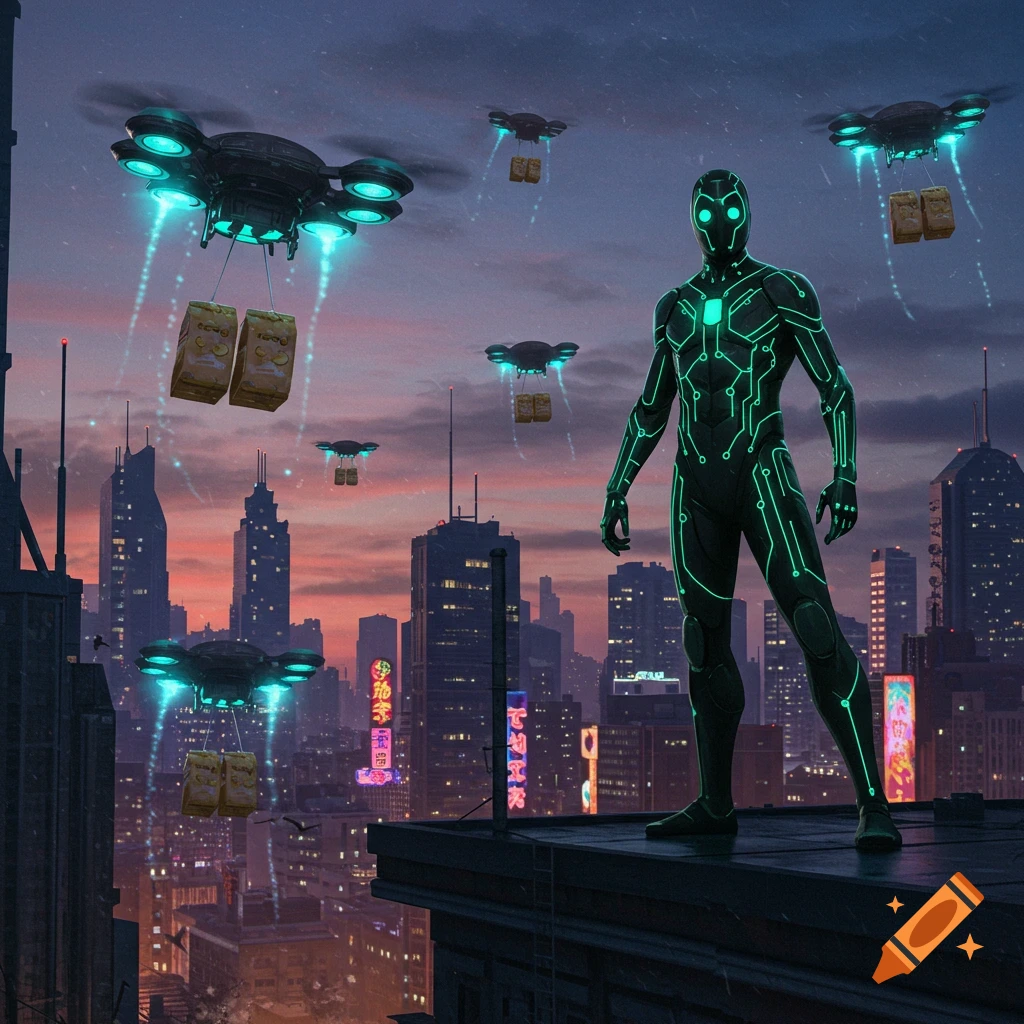 A person in a glowing circuit-patterned suit stands on a futuristic city rooftop at dusk, with delivery drones flying overhead.