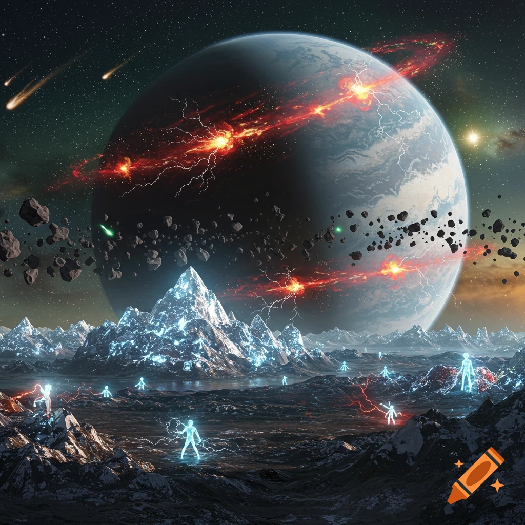 A vibrant alien planet with glowing diamond-like mountains and luminous creatures, under a storm-ridden giant planet.