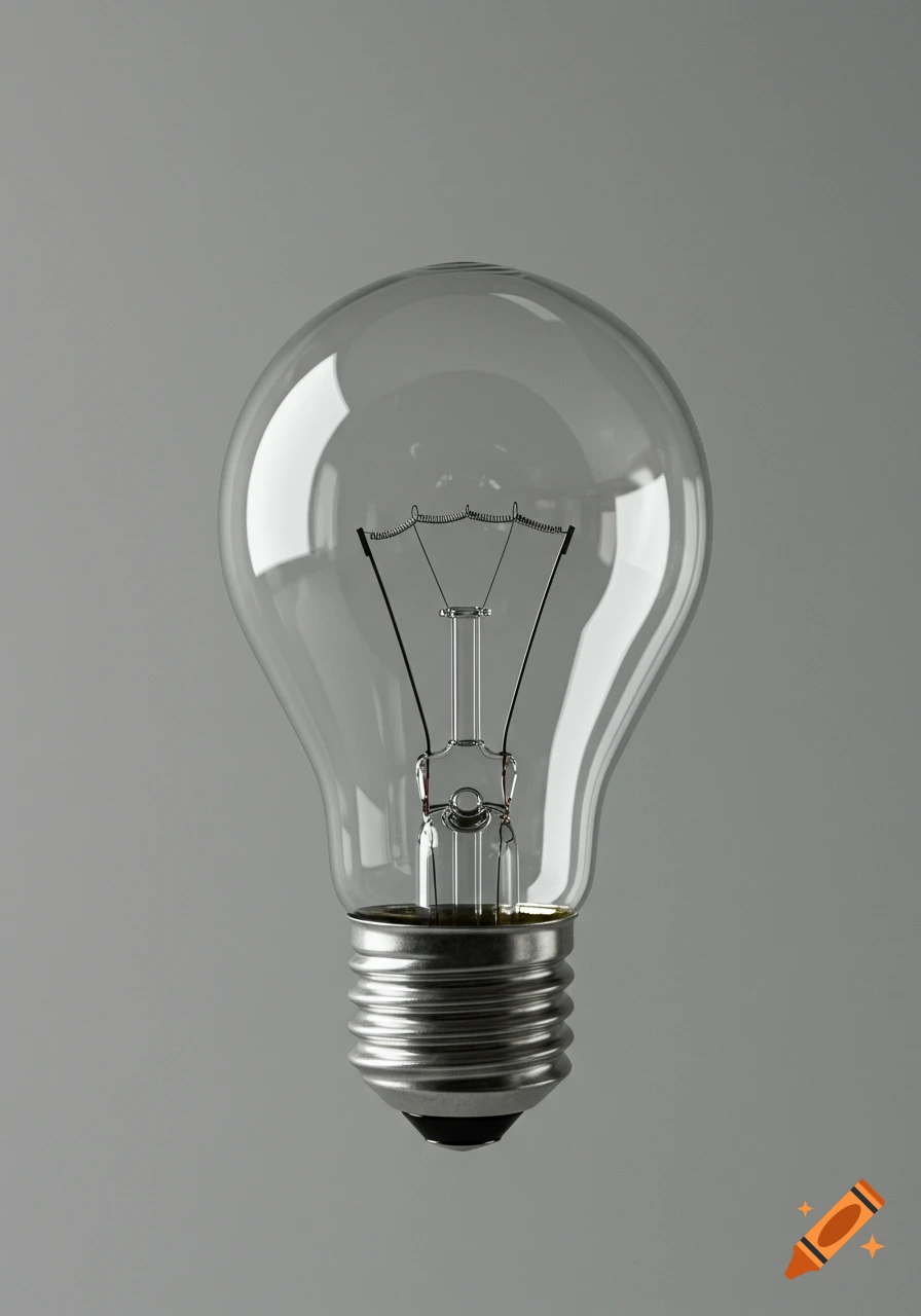 Photorealistic image of a classic unlit lightbulb on a uniform neutral grey background.