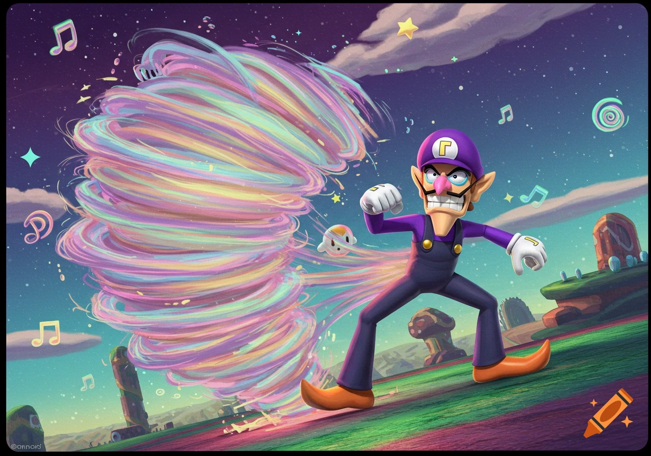 Waluigi creates a giant multicolored pastel tornado in a whimsical, starry landscape with musical notes floating.