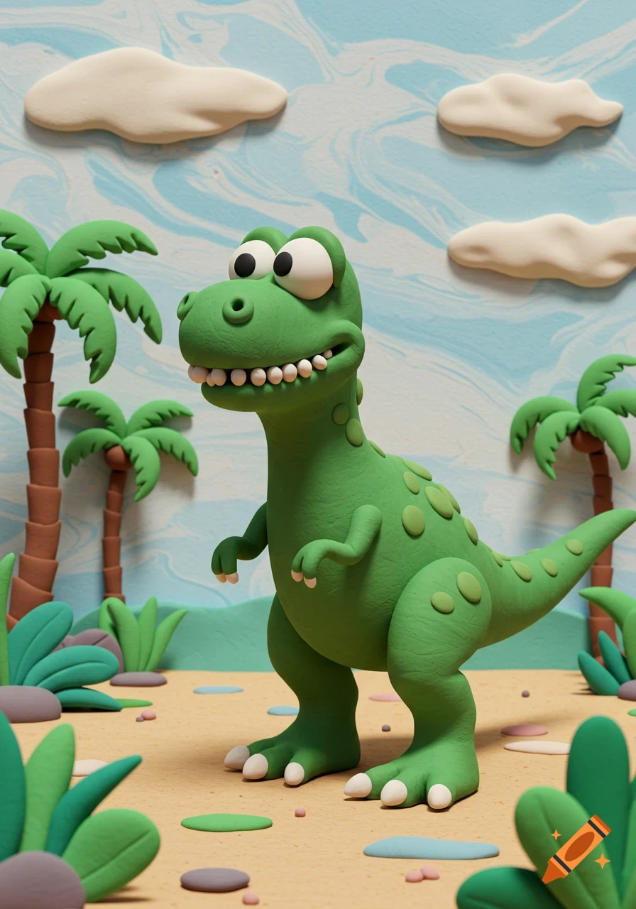 A friendly-looking green claymation tyrannosaurus rex stands in a prehistoric landscape with palm trees and clouds.