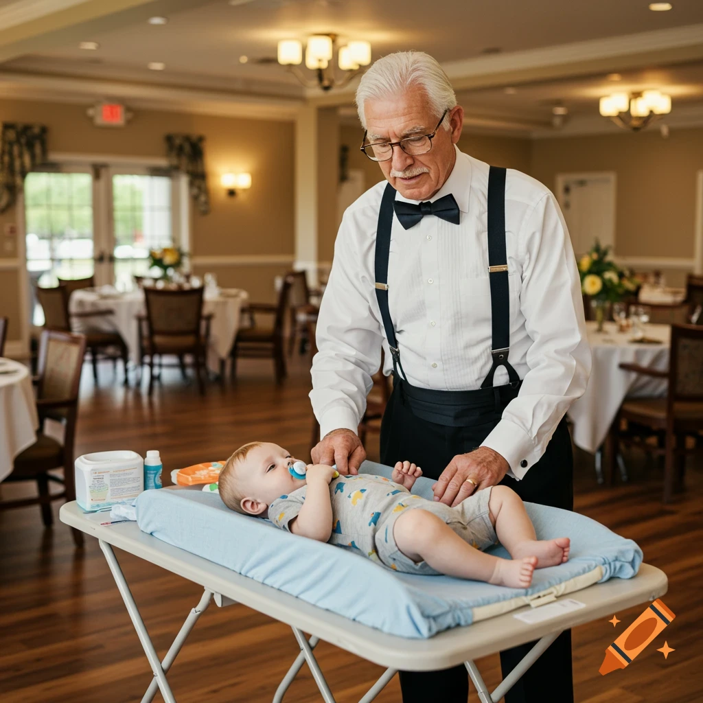 A senior man in a tuxedo shirt and suspenders changes a baby's diaper on a changing table in a formal banquet hall. Photorealistic.