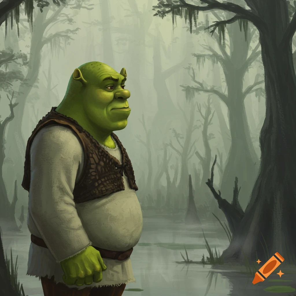 Shrek stands in a misty swamp with bare trees in a stylized digital painting.