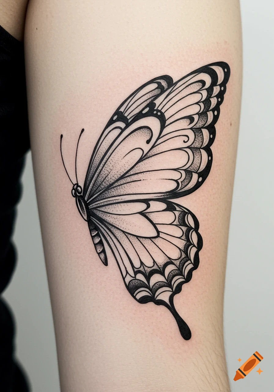 A detailed black and white butterfly tattoo with pointillism shading on a person's upper arm.