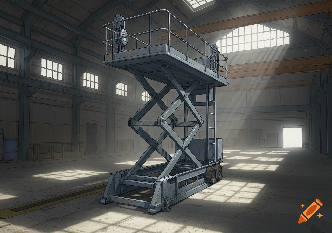 Drawn illustration of a blue lifting platform inside a large, dusty warehouse with sunlight streaming through windows.