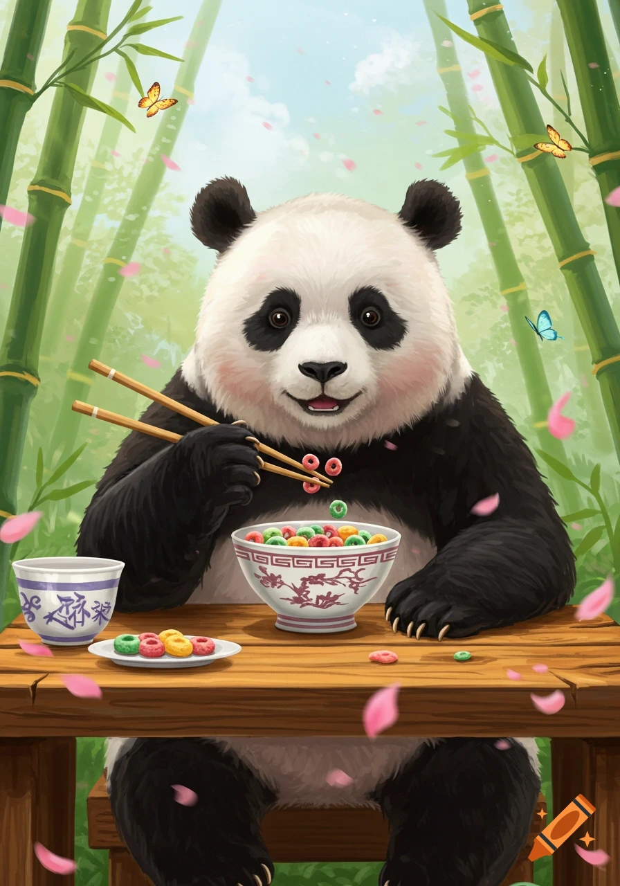 A cute panda eats colorful cereal with chopsticks at a wooden table in a bamboo forest, with pink petals falling.