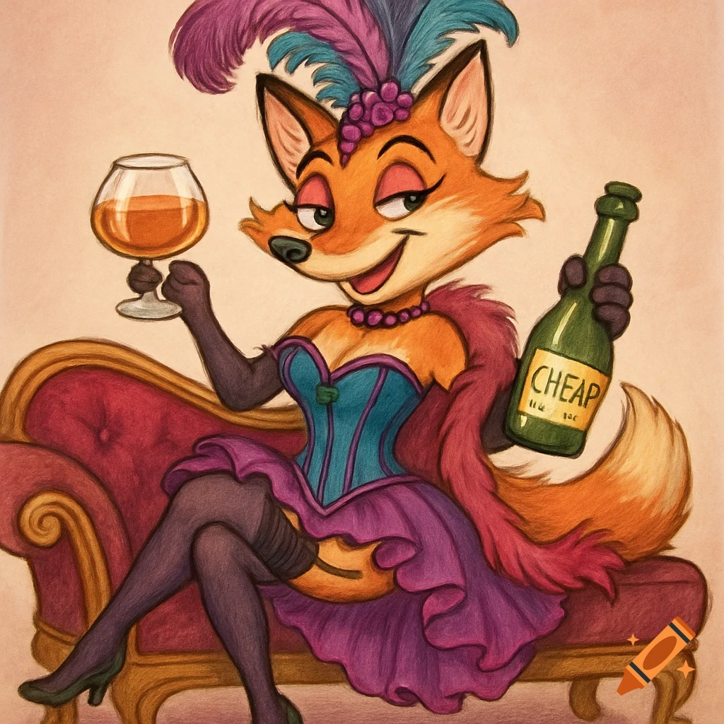 Cartoon fox in burlesque attire sitting on a couch, holding a glass and a bottle labeled 'CHEAP'.