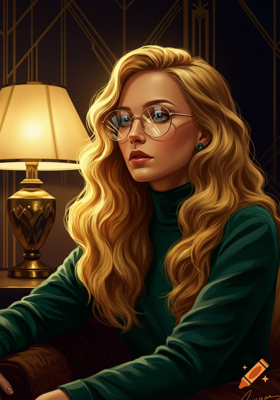 Digital art portrait of a woman with long wavy blonde hair, round glasses, and a green turtleneck, against an art deco background.
