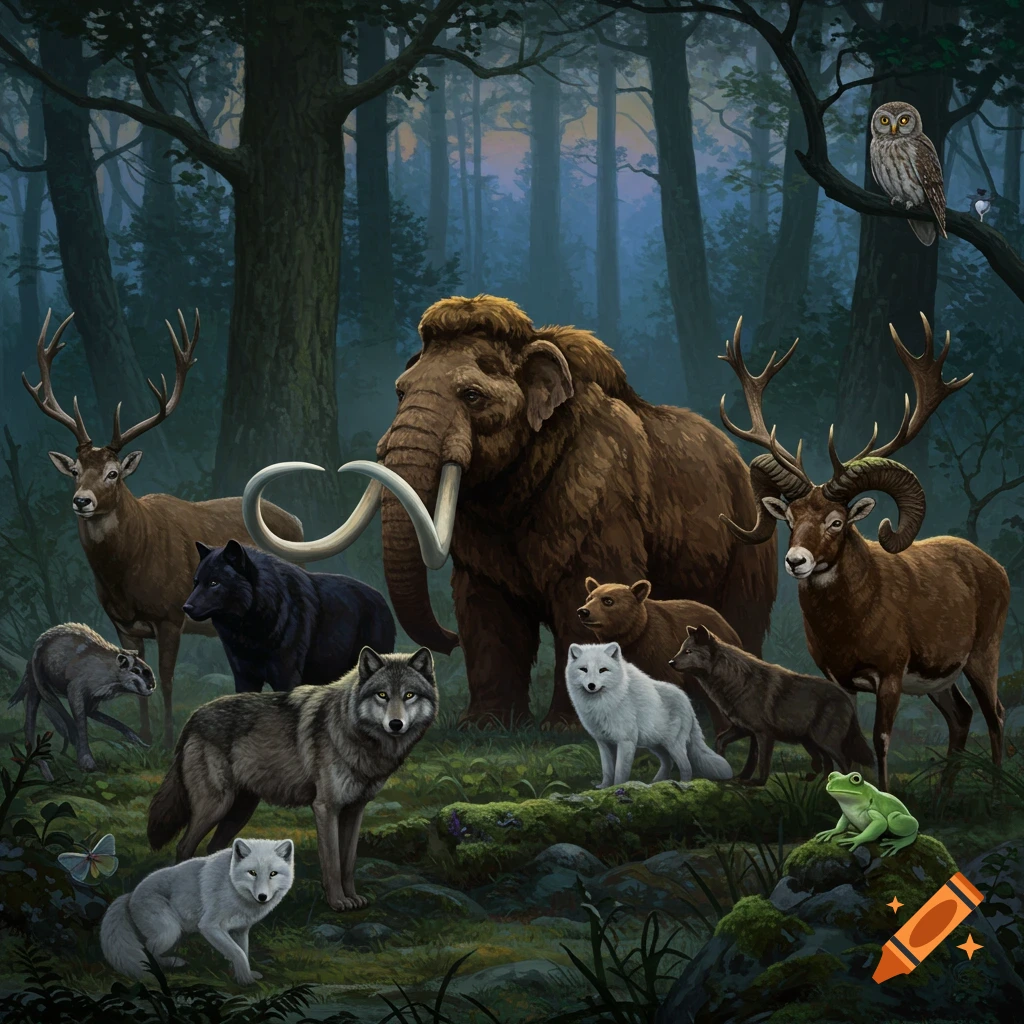 A woolly mammoth, deer, ram, wolves, arctic foxes, bear, frog, and owl gather in a mystical, lush forest illustration.