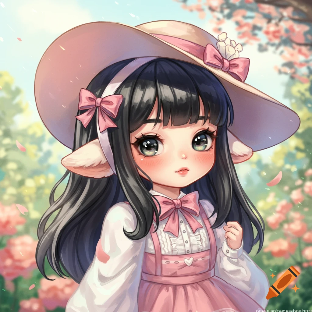 A cute anime girl with black hair, animal ears, and a pink hat and dress stands in a blossoming garden.