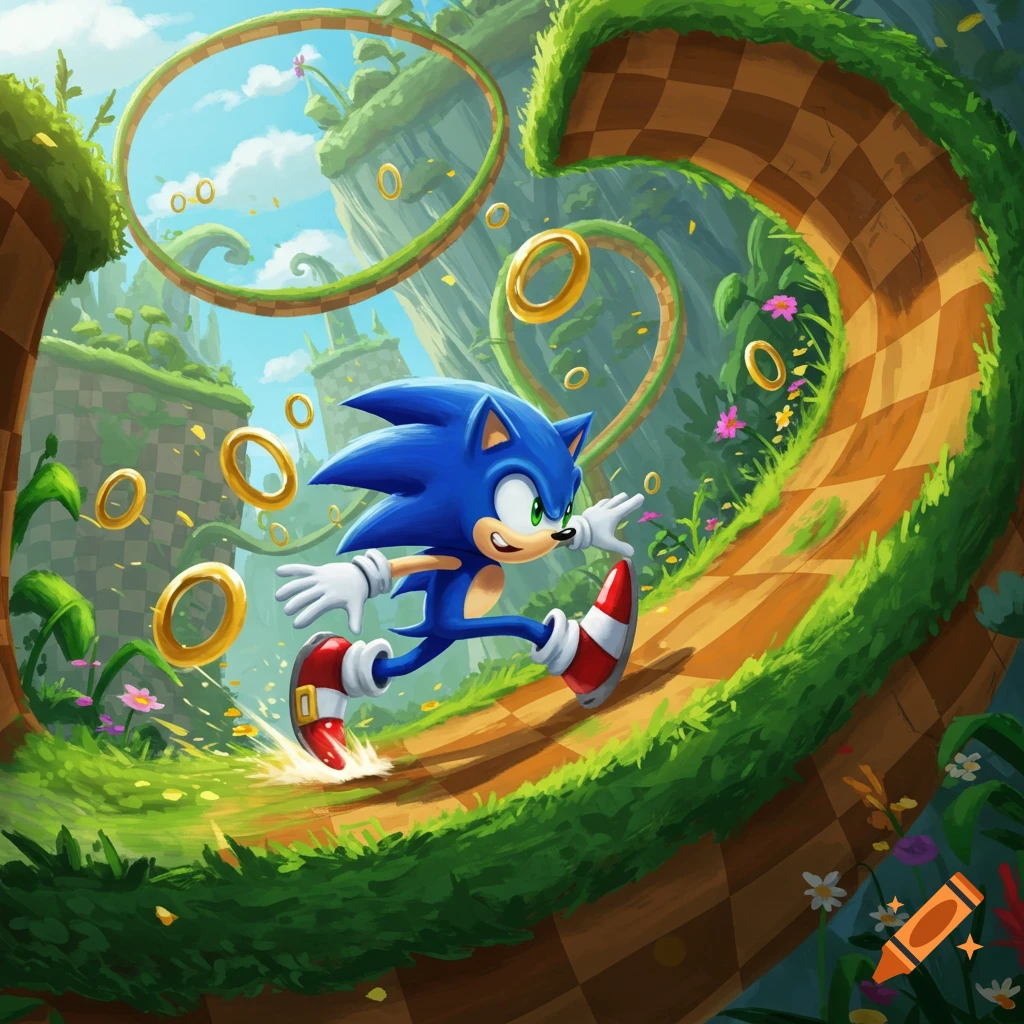Sonic the Hedgehog speeds through a vibrant Green Hill Zone-like landscape with rings and checkered paths.