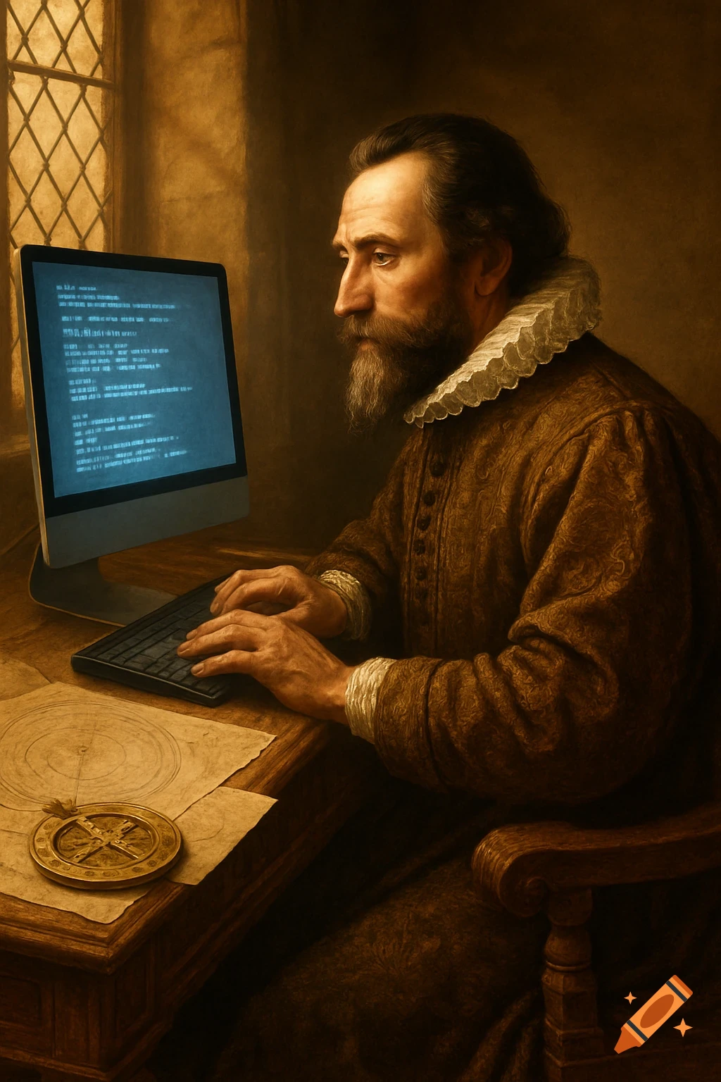 A man in 17th-century attire, resembling Johannes Kepler, intently types on a modern computer with an old astronomical instrument on his desk, in a painting style.