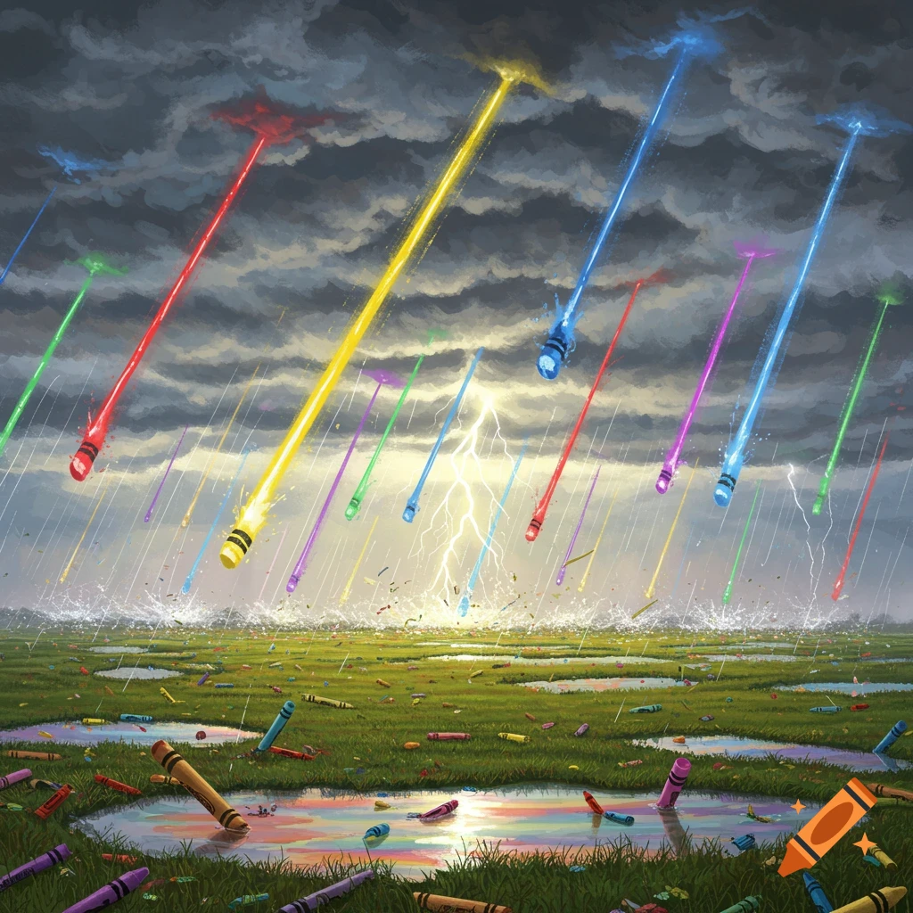 A vibrant fantasy landscape: a stormy sky rains giant, colorful crayons onto a green field with rainbow-colored puddles.