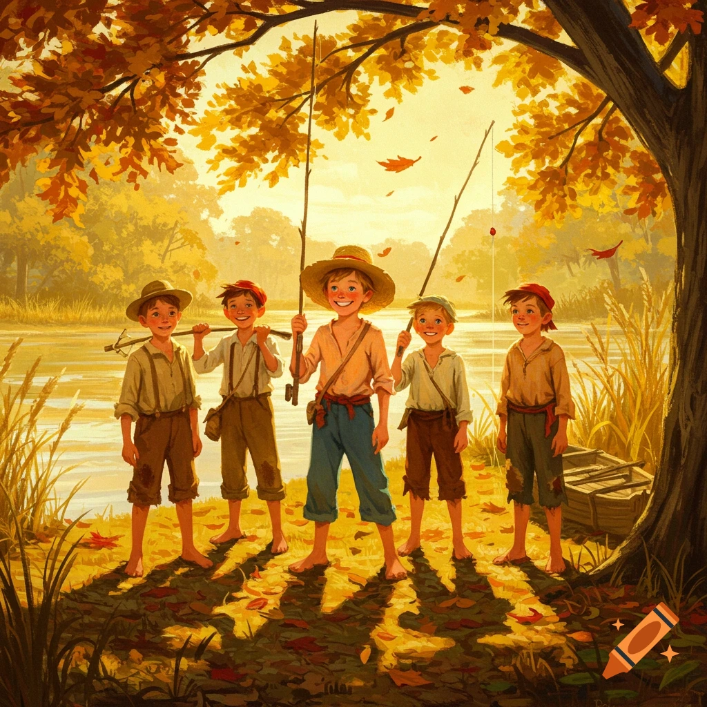 Five barefoot boys with fishing rods stand by a river under a large tree with golden autumn leaves, an illustration.