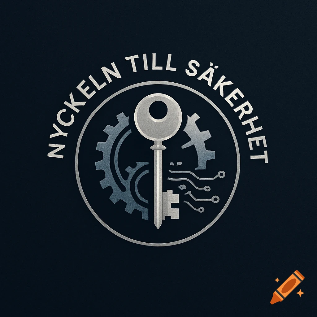A blue and silver logo with a key, gears, and circuit lines within a circle, with 'NYCKELN TILL SÄKERHET' text.