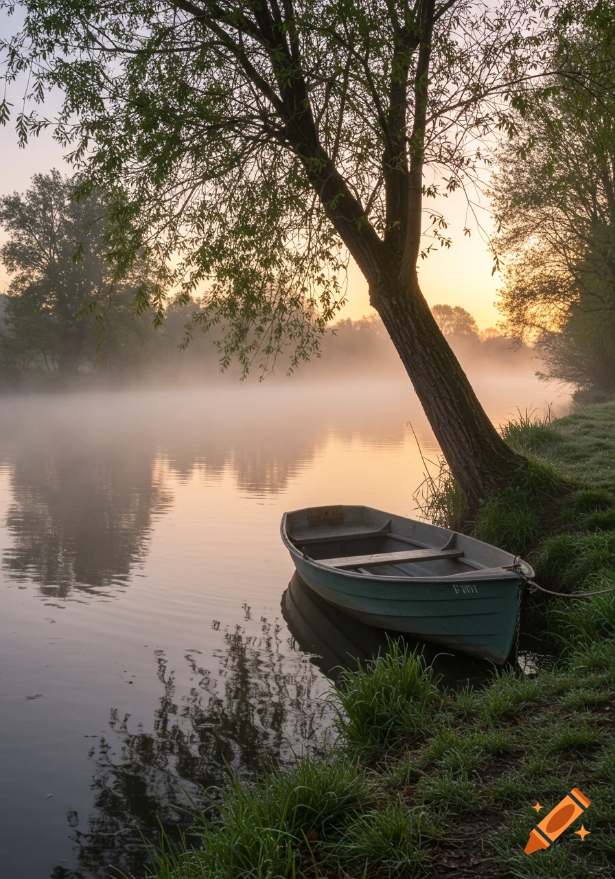 A small green boat is moored to the misty bank of a river at sunrise, under the branches of a large tree.