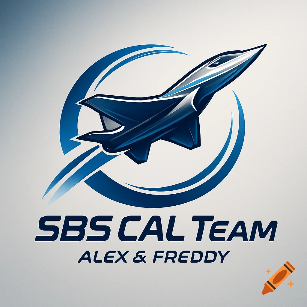A stylized blue and silver jet aircraft logo flying through blue circular elements with text 'SBS CAL TEAM Alex & Freddy'.