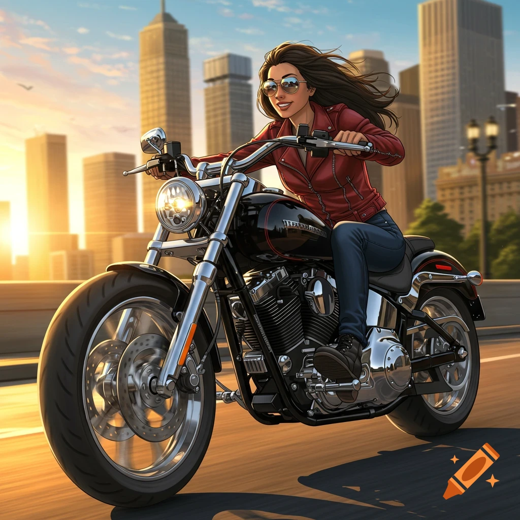 A woman with dark hair and sunglasses, wearing a red leather jacket and jeans, rides a black motorcycle down a city street at sunset.