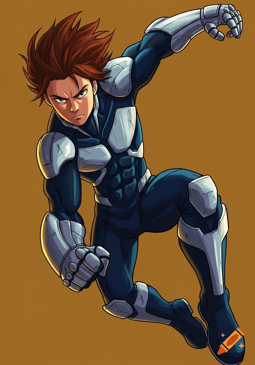 Anime-style male character with spiky brown hair in a dark blue and silver armored suit, posing dynamically against a gold background.