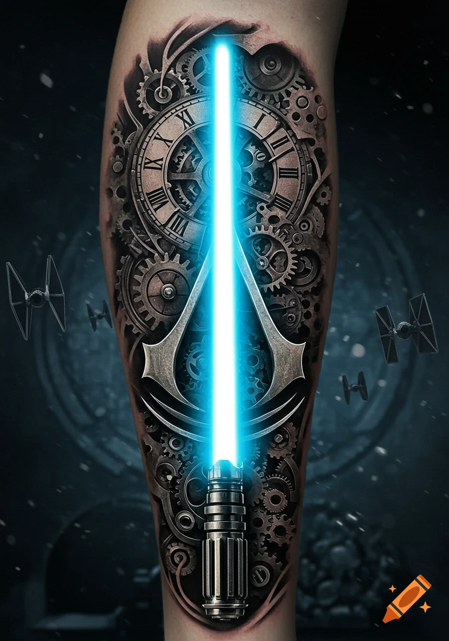 Detailed biomechanical tattoo on a leg featuring a blue lightsaber, Assassin's Creed logo, clockwork gears, and distant TIE fighters.