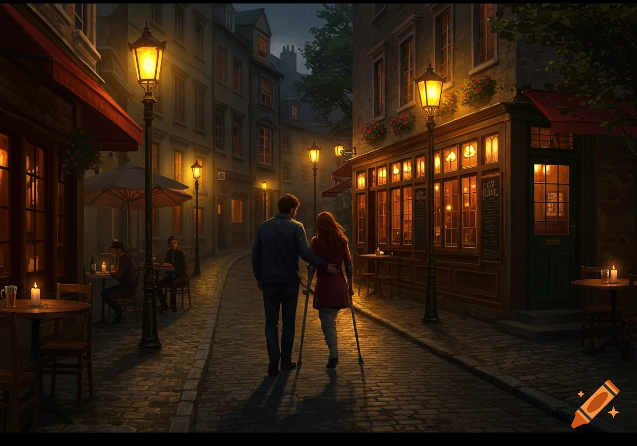 A man and woman, the woman on crutches, walk arm-in-arm down a cobblestone street lined with glowing pubs and lamps at night.