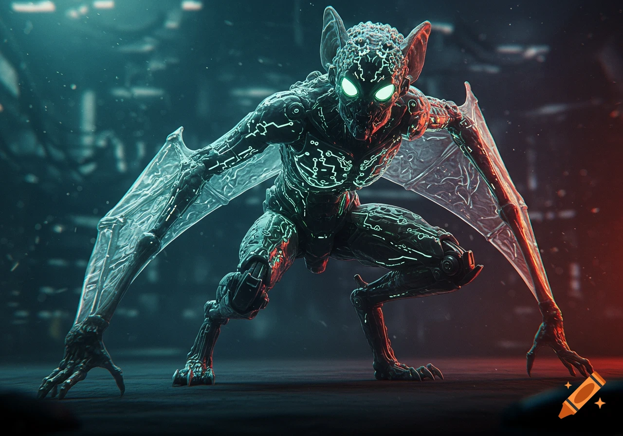A menacing, biomechanical bat-like creature with glowing green eyes and illuminated circuit patterns on its dark body, in a shadowy, futuristic setting.