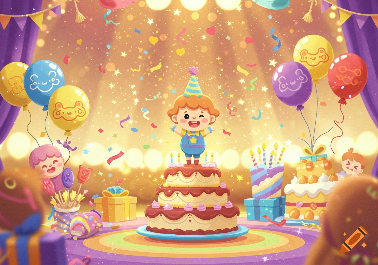 A cheerful cartoon birthday party scene features a child in a party hat on a multi-tiered cake, amidst confetti, colorful balloons, and wrapped gifts.