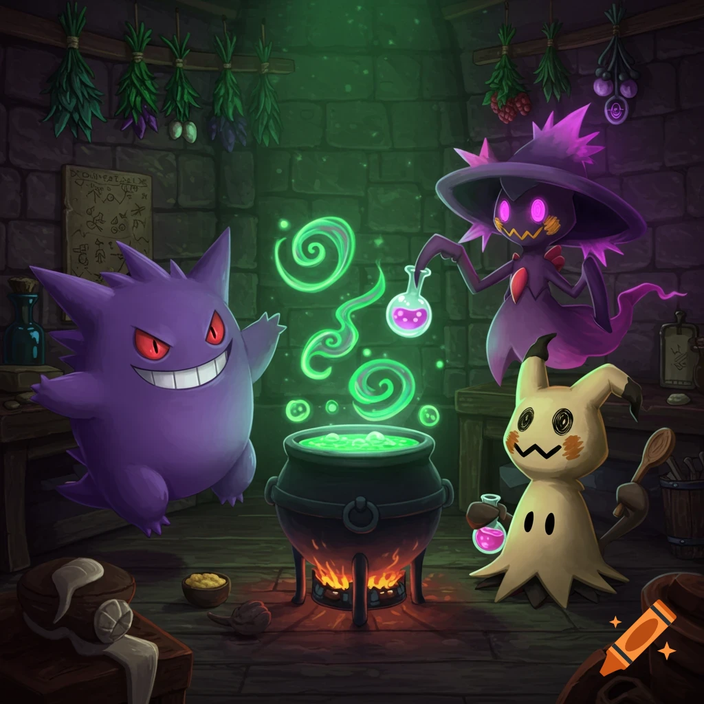 Gengar, Mismagius, and Mimikyu cook a glowing green potion in a cauldron in a magical, herb-filled stone room.