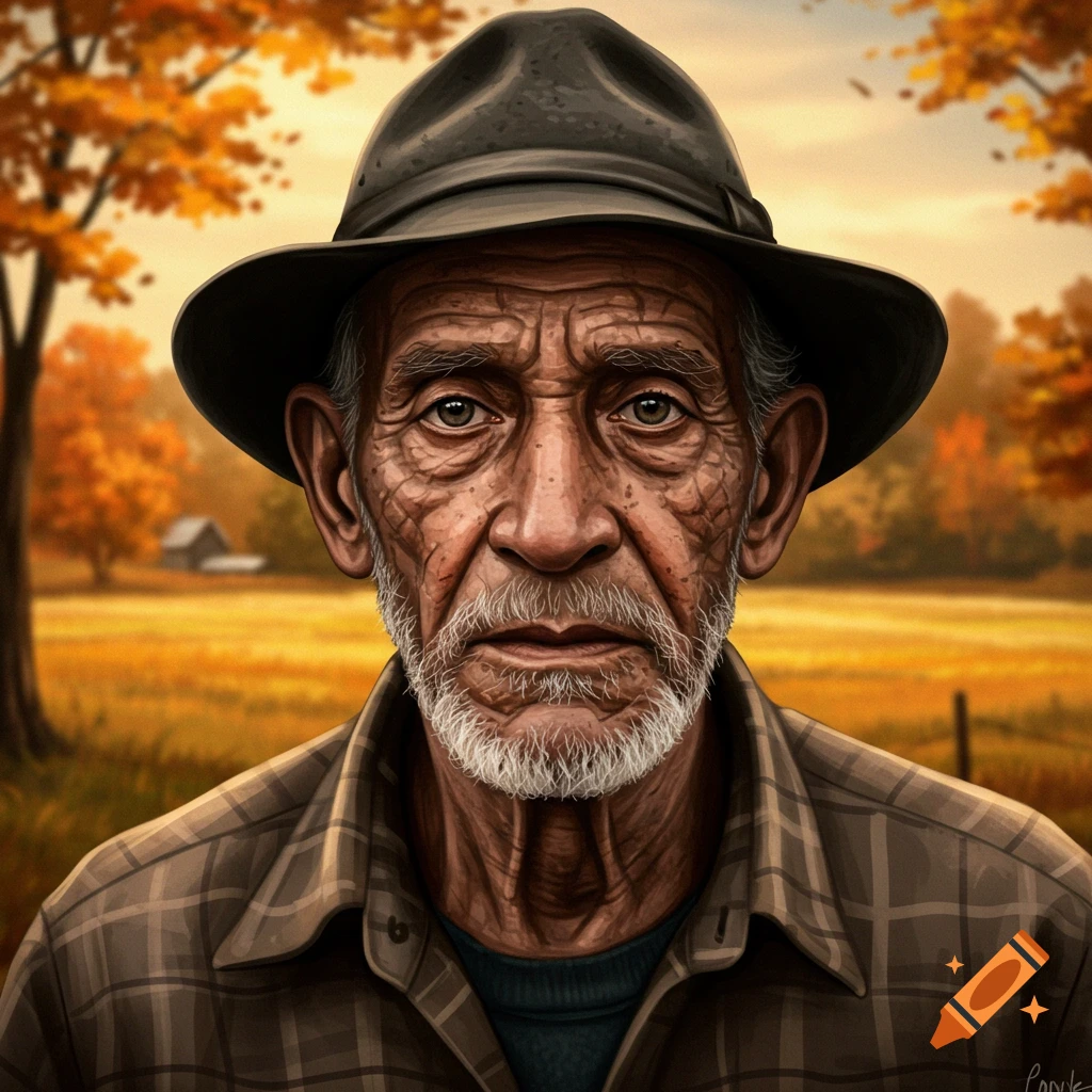 A close-up portrait of an old man with a grey beard and a dark hat, wearing a plaid shirt, against an autumn background.