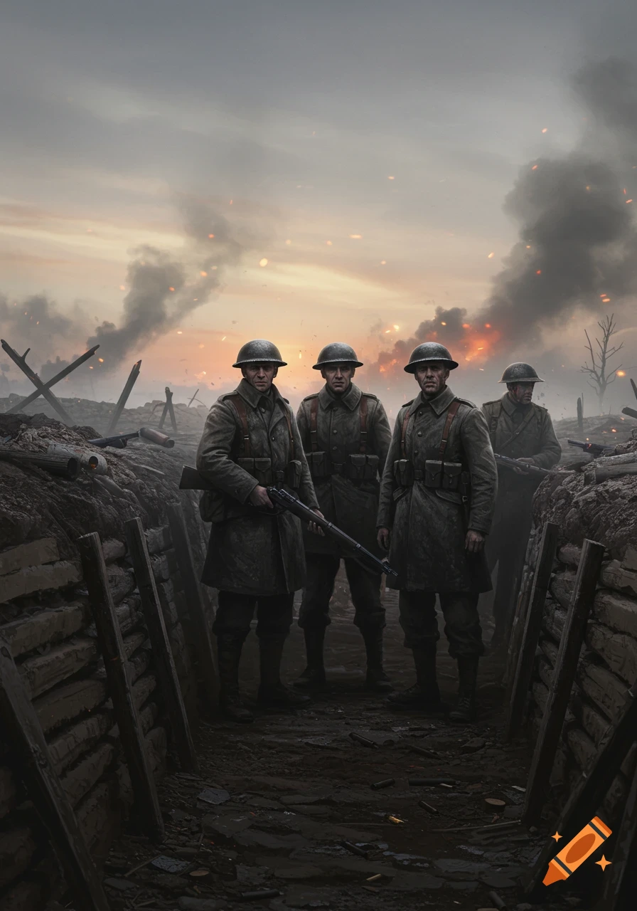 Four photorealistic soldiers in trench coats and helmets stand in a muddy trench, with smoke and fires burning in the distance at dusk.