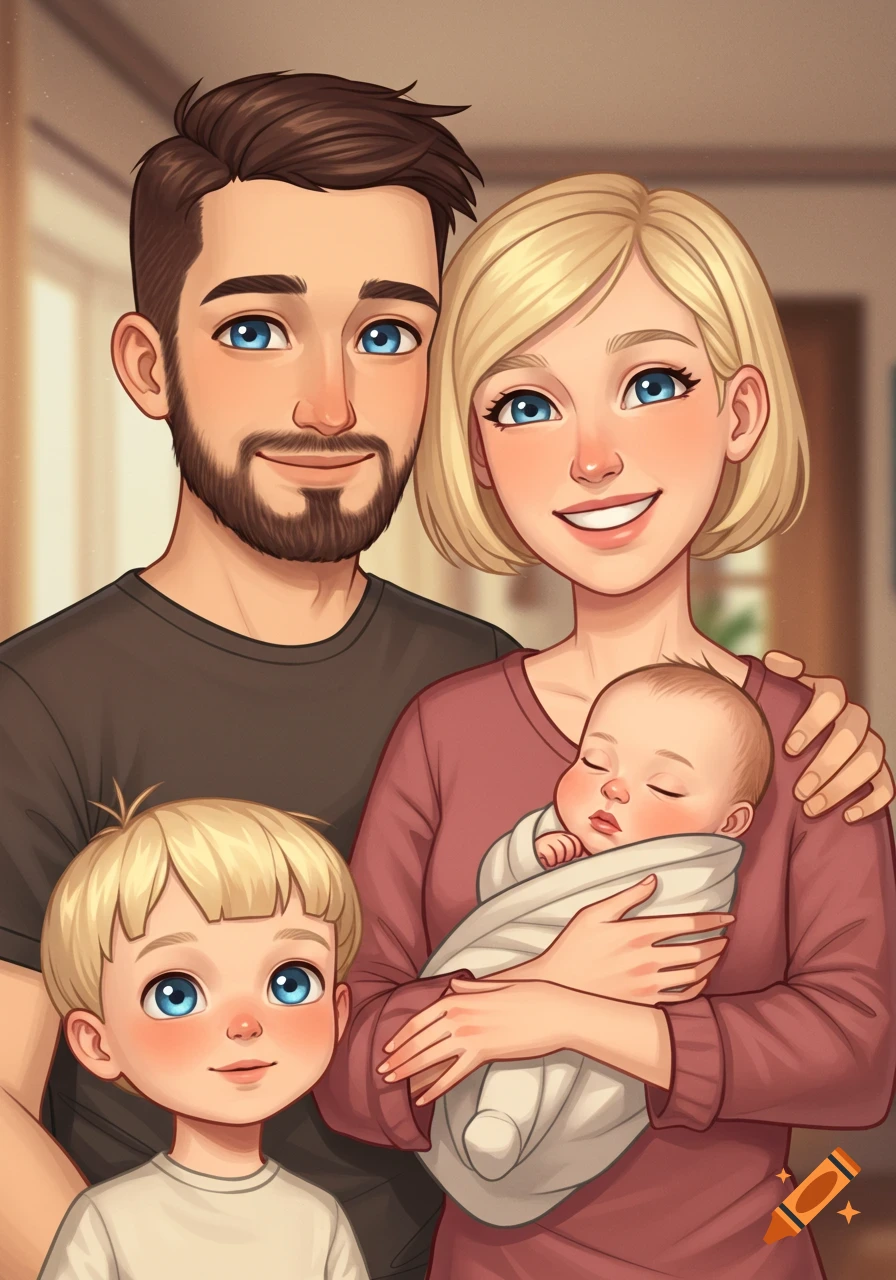 A cheerful cartoon family portrait featuring a father, a mother holding a swaddled baby, and a smiling toddler.