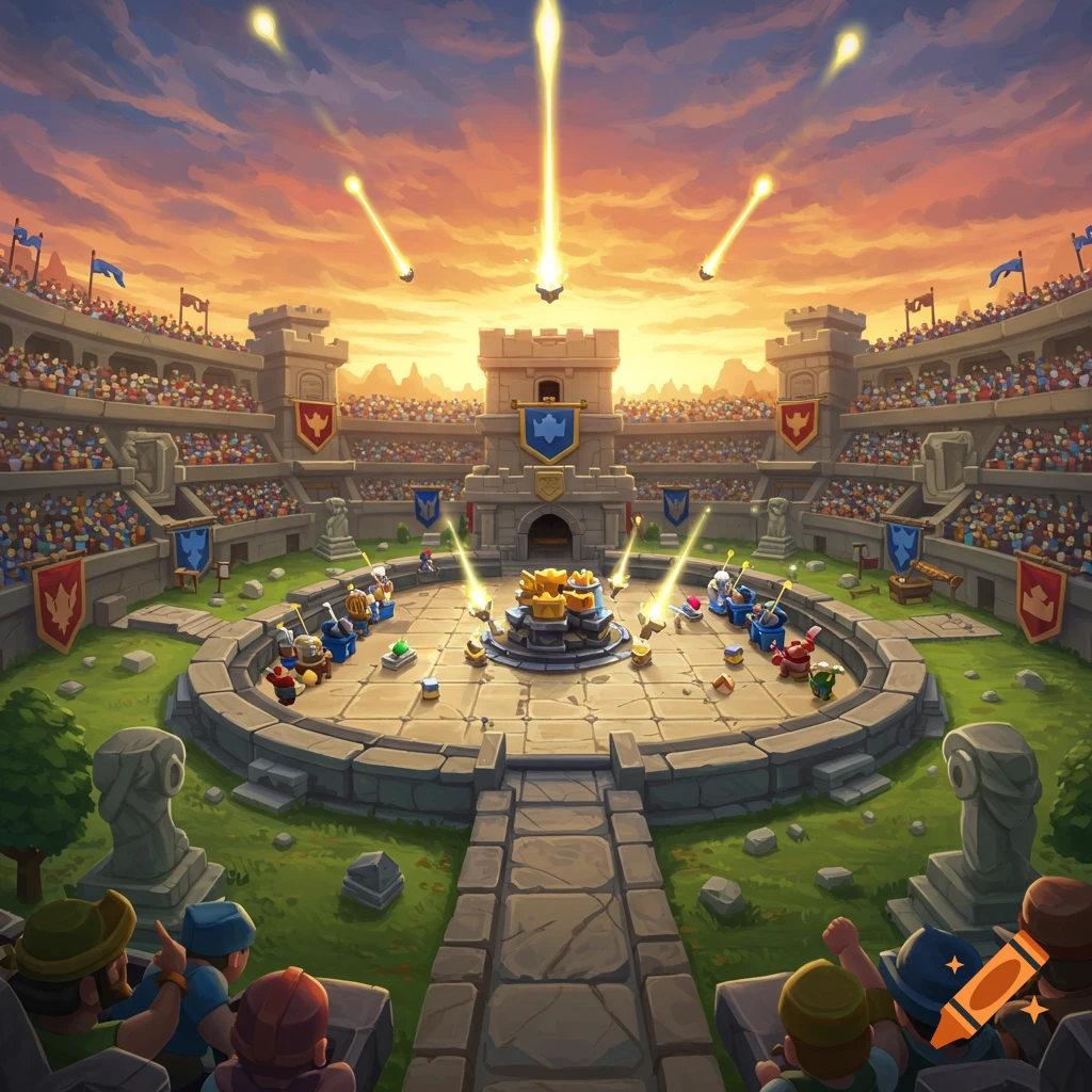 A vibrant cartoon arena at sunset, with a large crowd watching small characters battle around a central structure as golden projectiles fall from the sky.