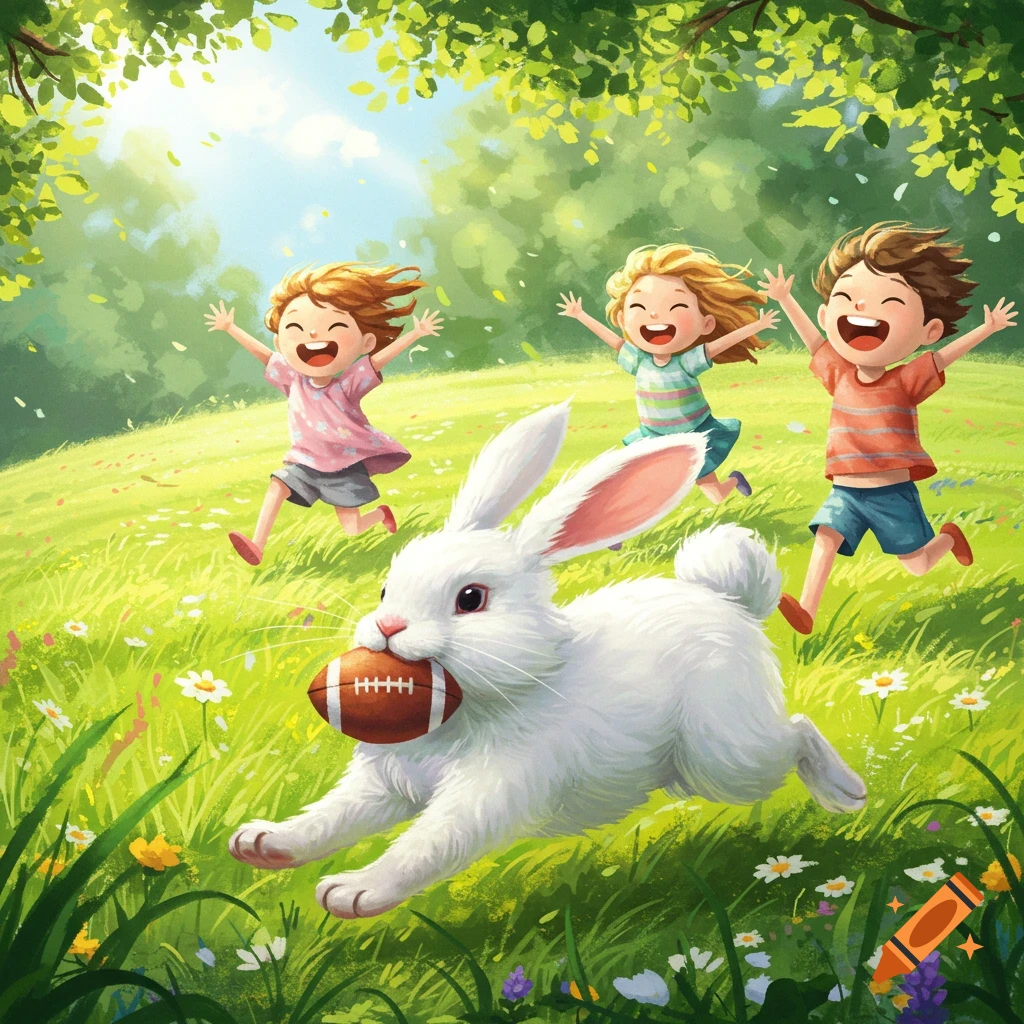 A cheerful white rabbit runs with a football in its mouth, chased by three laughing children in a sunny, green meadow filled with flowers, in a bright illustration.