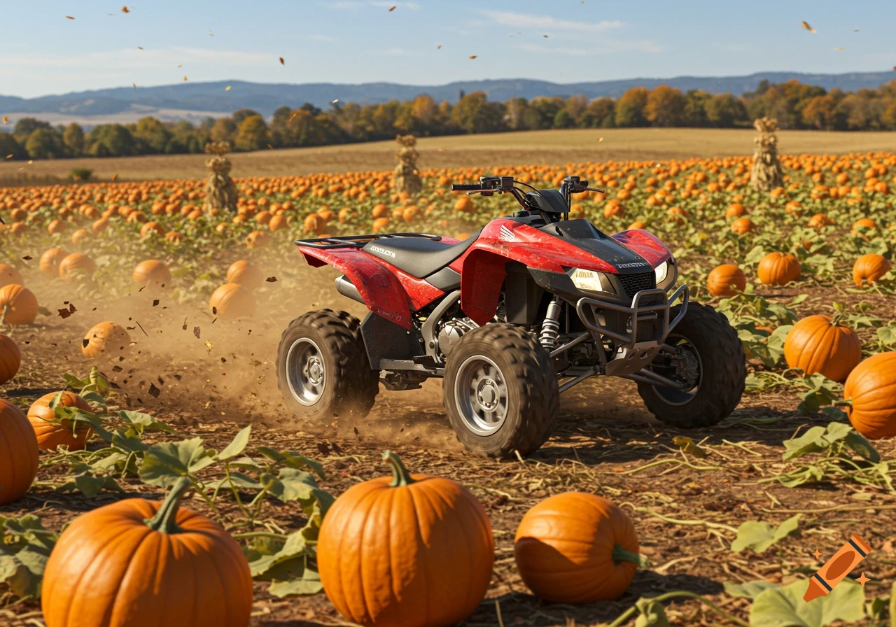 A red Honda ATV speeds through a sunny pumpkin patch, kicking up dirt and leaves.
