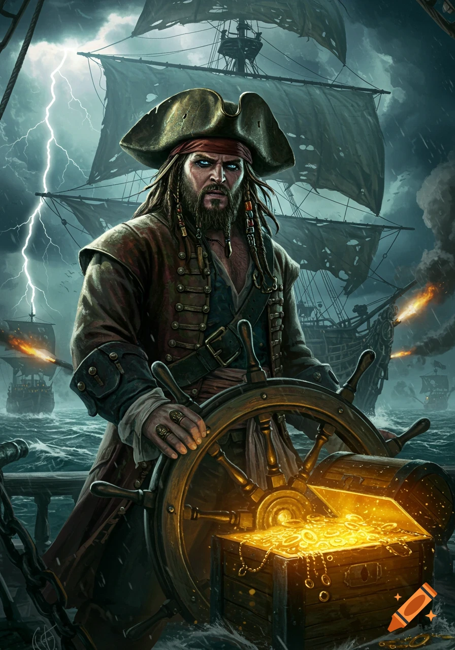 A stern pirate with dreadlocks steers a ship during a stormy sea battle with lightning, a glowing treasure chest at his feet.
