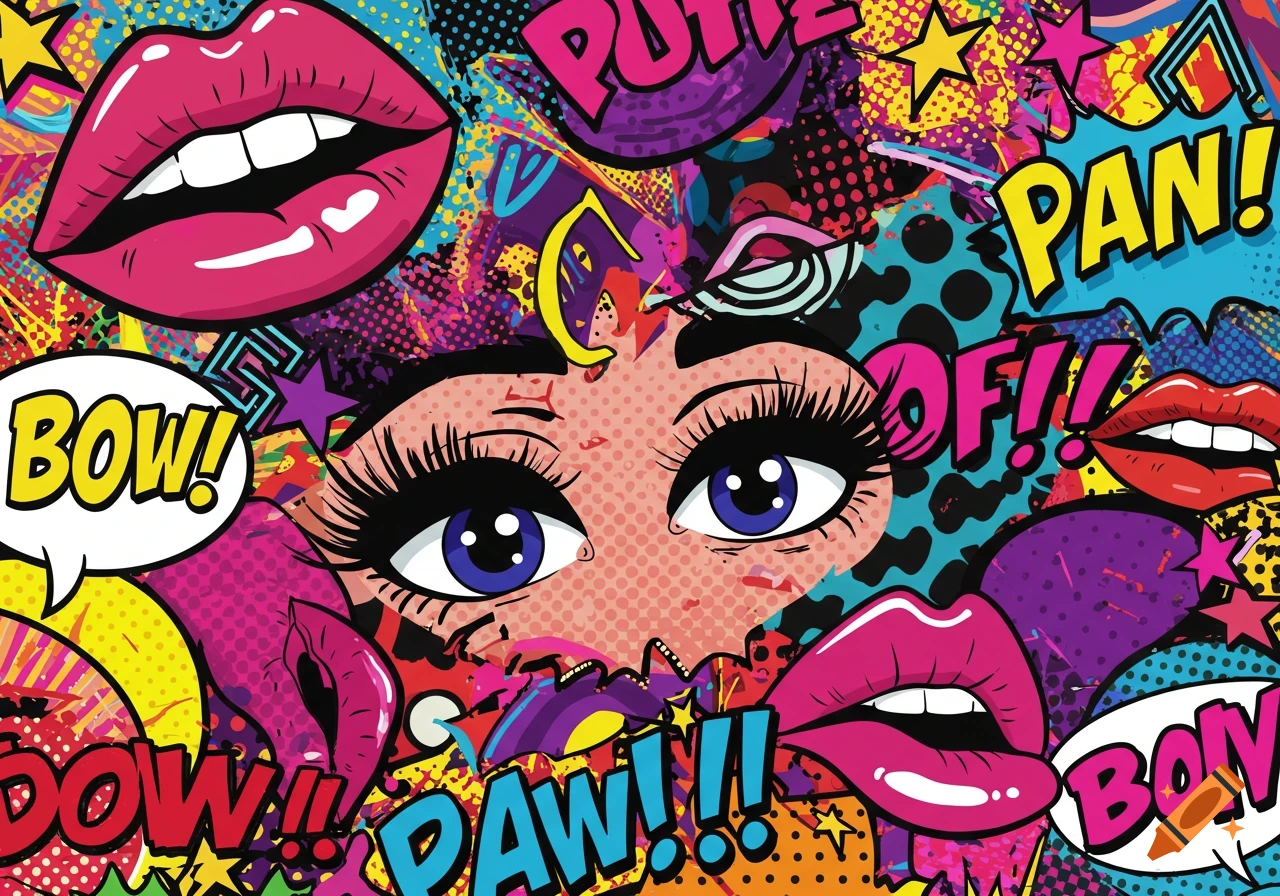 Vibrant pop art illustration with large female eyes, pink lips, and comic book sound effects like 'BOW!' and 'PAN!' amidst abstract, colorful patterns.