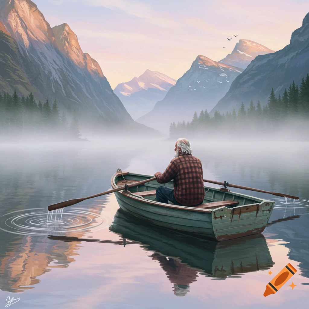 An old man rows a small boat on a misty lake, surrounded by towering mountains and pine forests, in a serene, painterly illustration.
