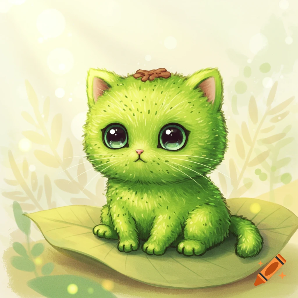 A cute, green, furry baby cat resembling a kiwi fruit with large eyes, sitting on a leaf, in a cartoon style.